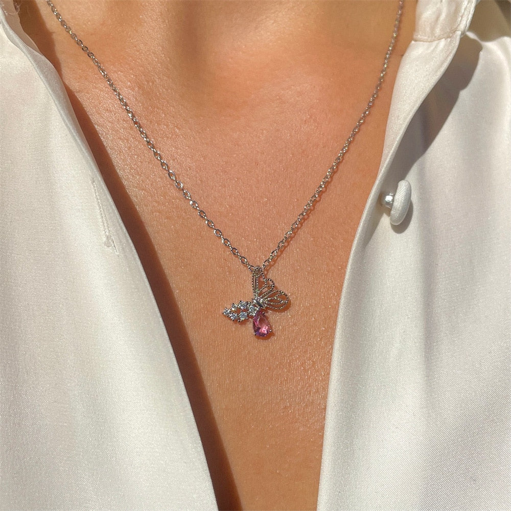 Dainty Pink Crystal Butterfly Set
