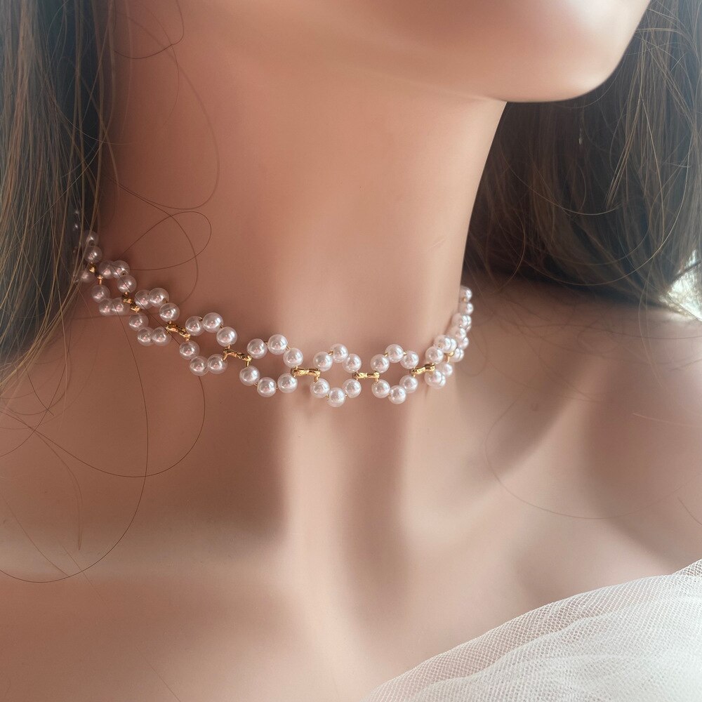 Flower Pearl Necklace and Bracelet