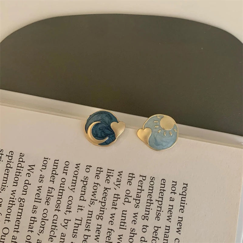 Hand-Painted Sun and Moon Studs Earrings