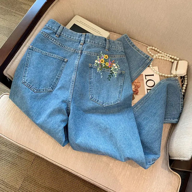 Flower Embroidered High-Waist Jeans