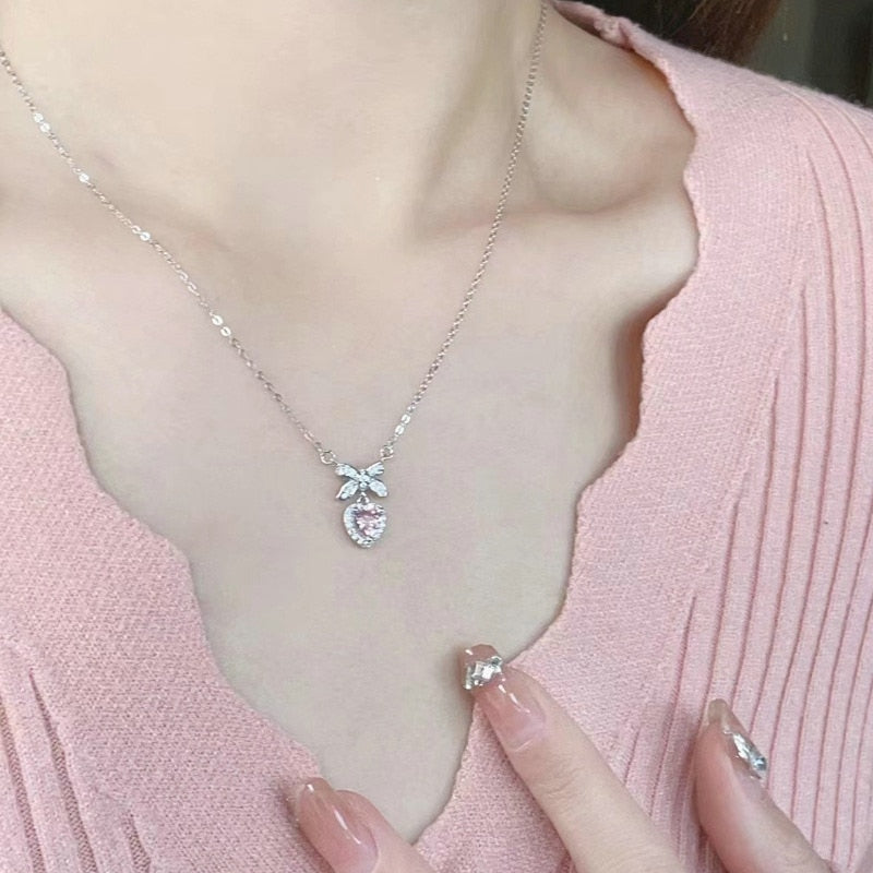 Bow Pink Heart Necklaces