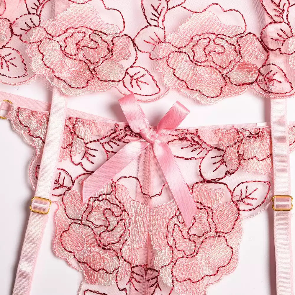 Pink Garden Embroidered Lingerie Set