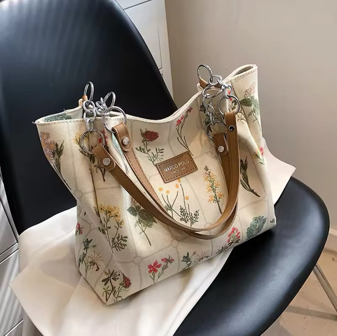 Flower Embroidered Tote Bag