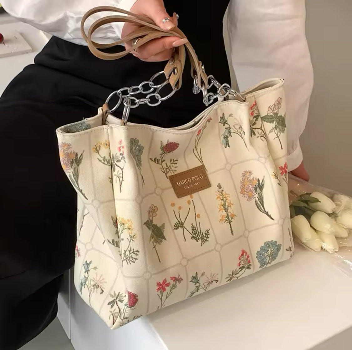 Flower Embroidered Tote Bag