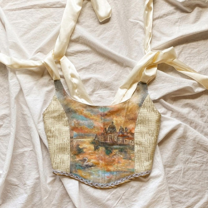 Vintage Painting Ribbon Corset Top