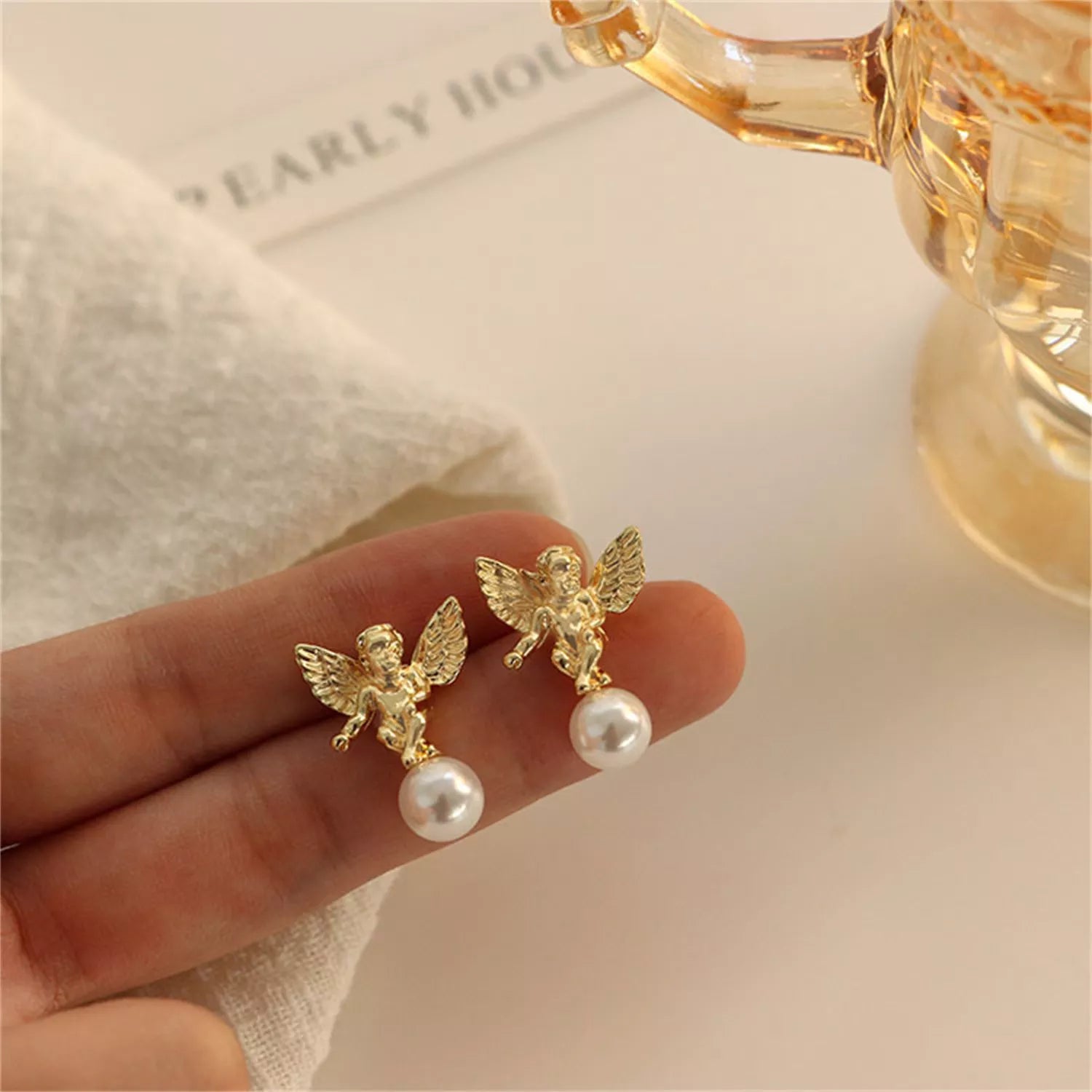 Angel and Pearl Stud Earrings