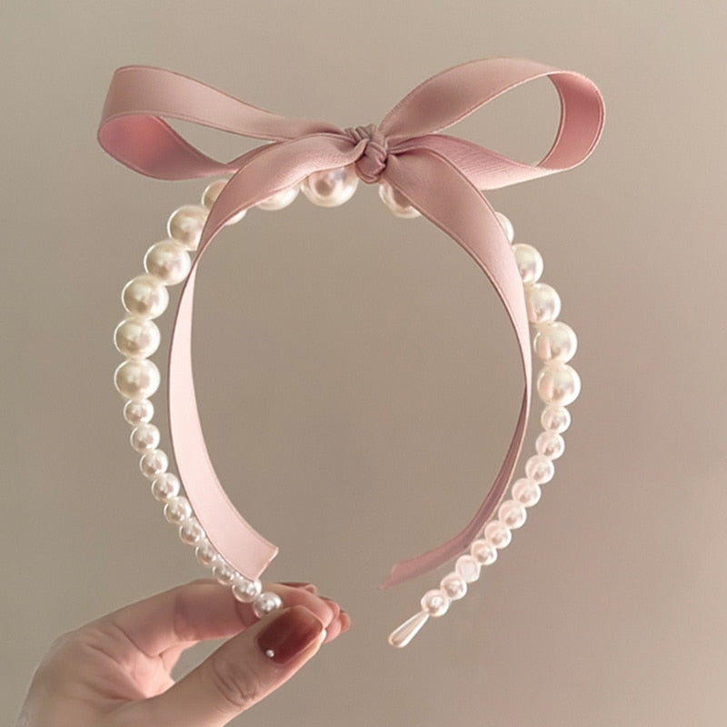 Satin Bow Ribbon and Pearl Hair Band