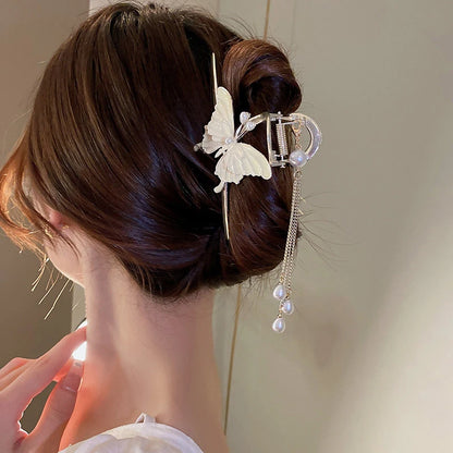 White Butterfly Tassel Hair Claw Clip