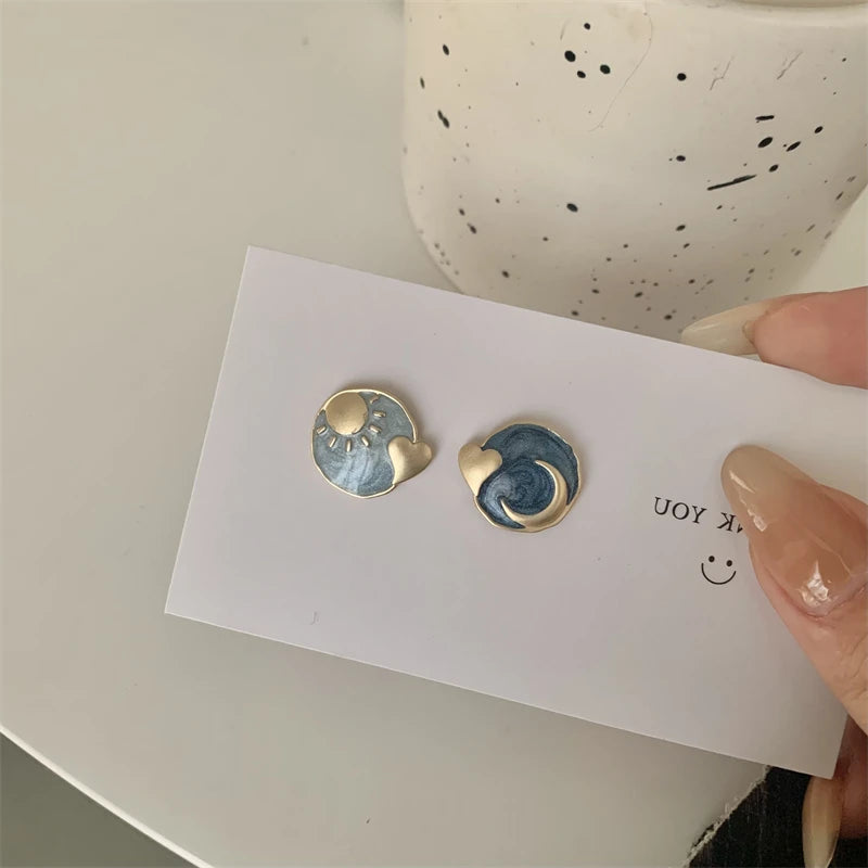 Hand-Painted Sun and Moon Studs Earrings