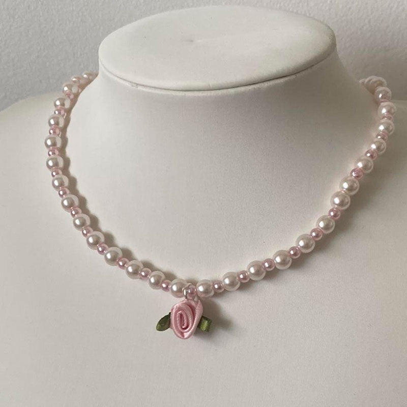 Handmade Pearl Satin Rose Necklace