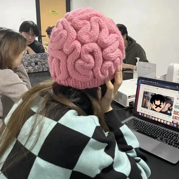 Pink Knitted Brain Beanie