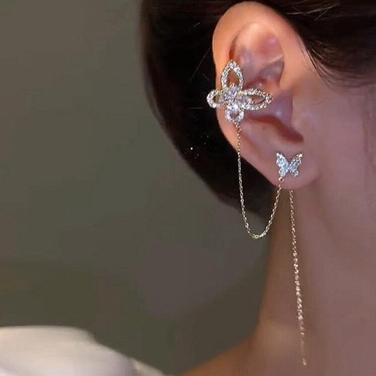 Crystal Butterfly Long Tassel Earrings