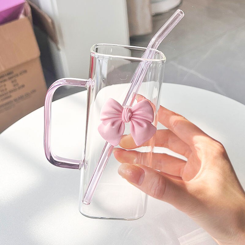 Pink Ribbon Square Glass Cup