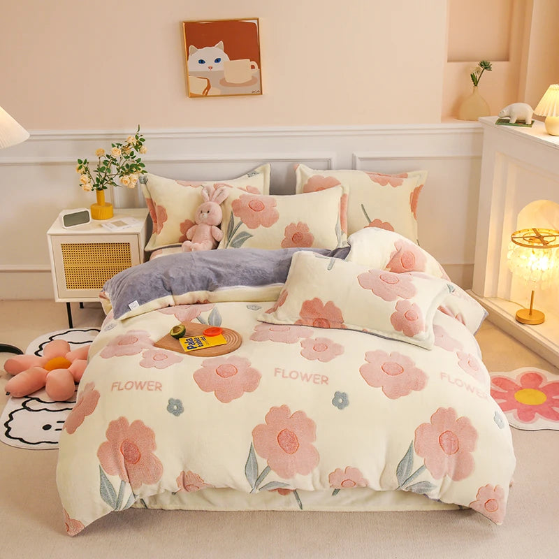 Pink Flower Fleece Duvet Cover