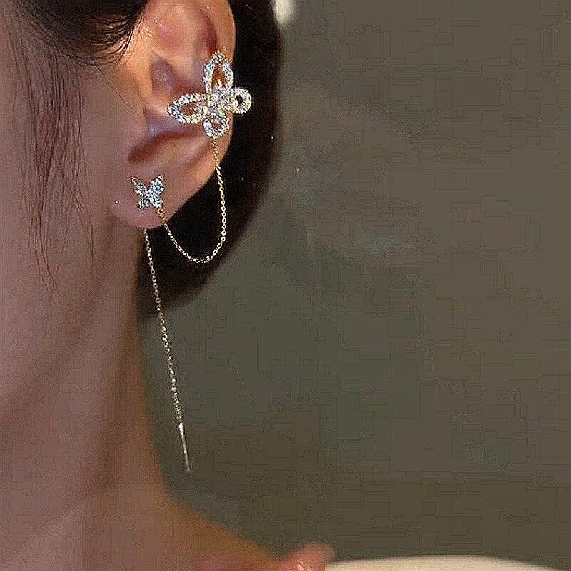 Crystal Butterfly Long Tassel Earrings