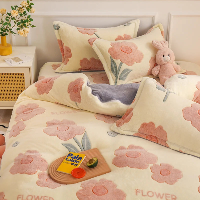 Pink Flower Fleece Duvet Cover