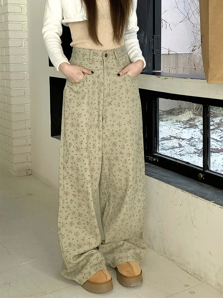 Sage Flower Wide Leg Jeans