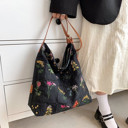 Flower Embroidered Tote Bag