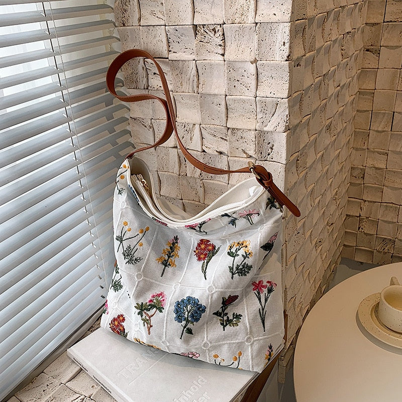 Flower Embroidered Tote Bag