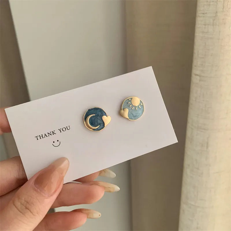 Hand-Painted Sun and Moon Studs Earrings