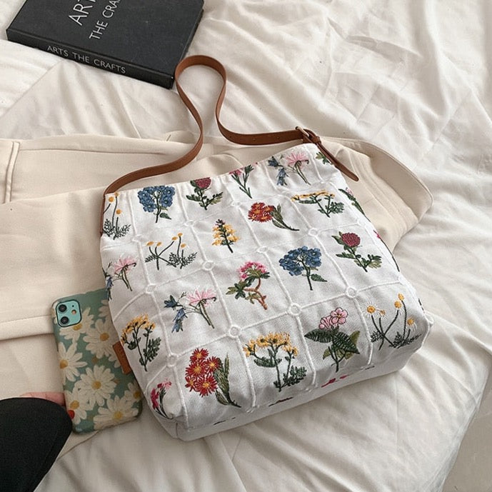 Flower Embroidered Tote Bag