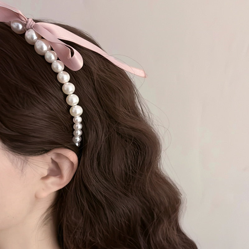 Satin Bow Ribbon and Pearl Hair Band