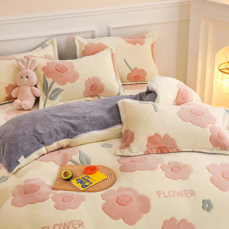 Pink Flower Fleece Duvet Cover