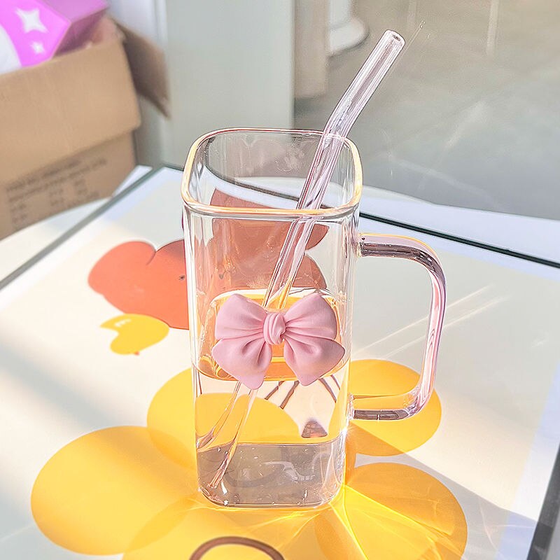 Pink Ribbon Square Glass Cup