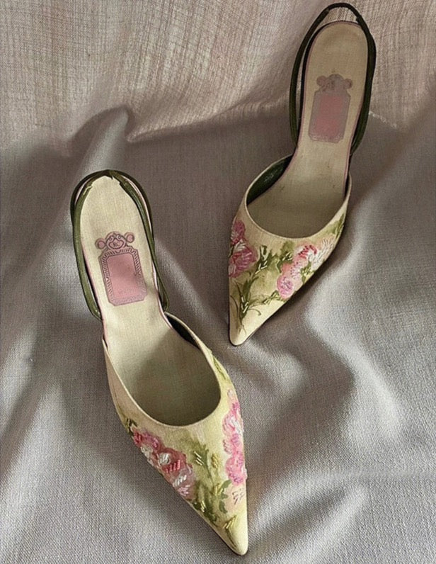 Floral Embroidered Pointed Toe Heels