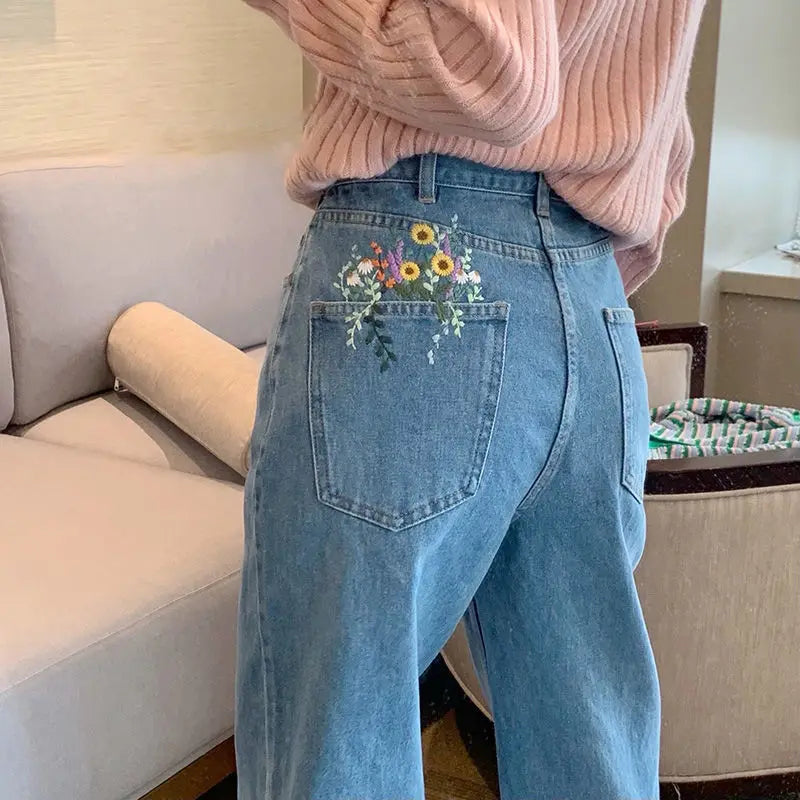 Flower Embroidered High-Waist Jeans