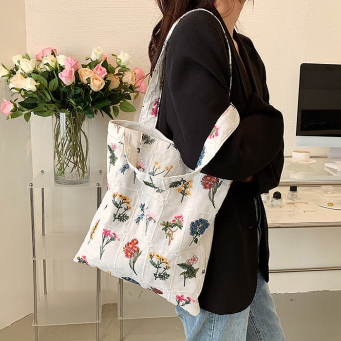 Flower Embroidered Tote Bag