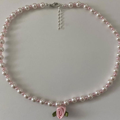 Handmade Pearl Satin Rose Necklace