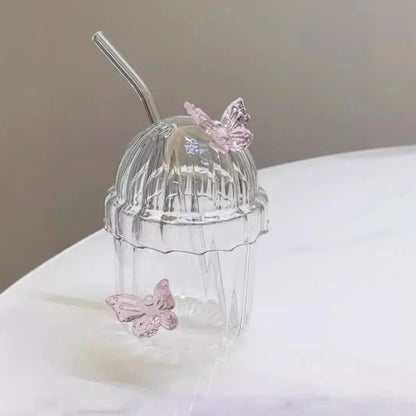 Glass Cup with Pink Butterfly