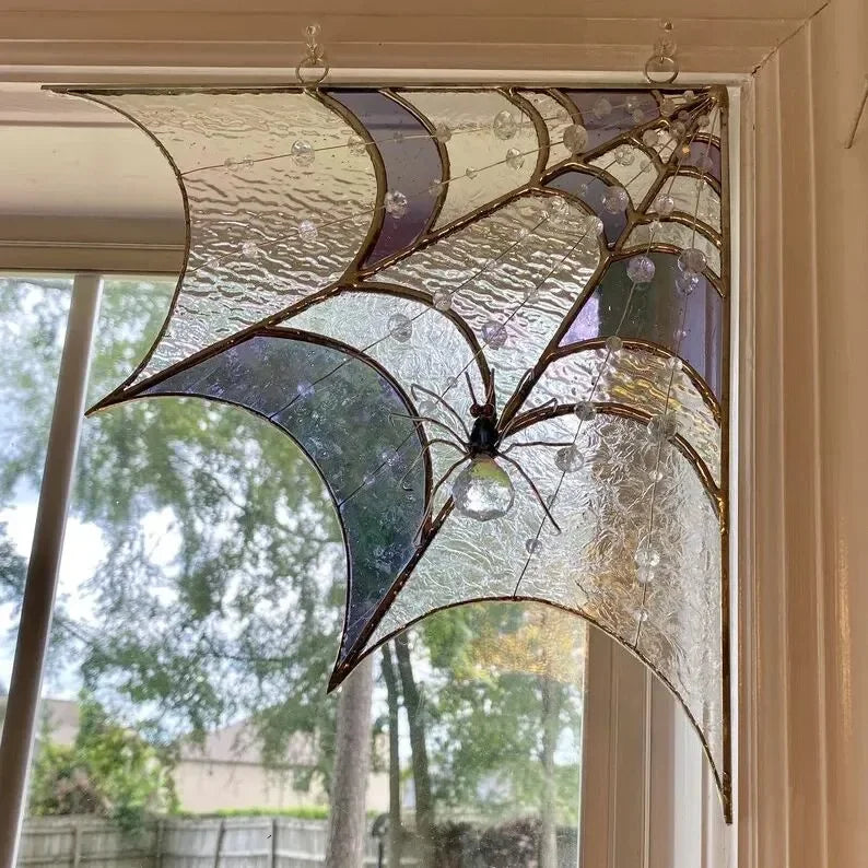 Stained Glass Spider Web Window Corner