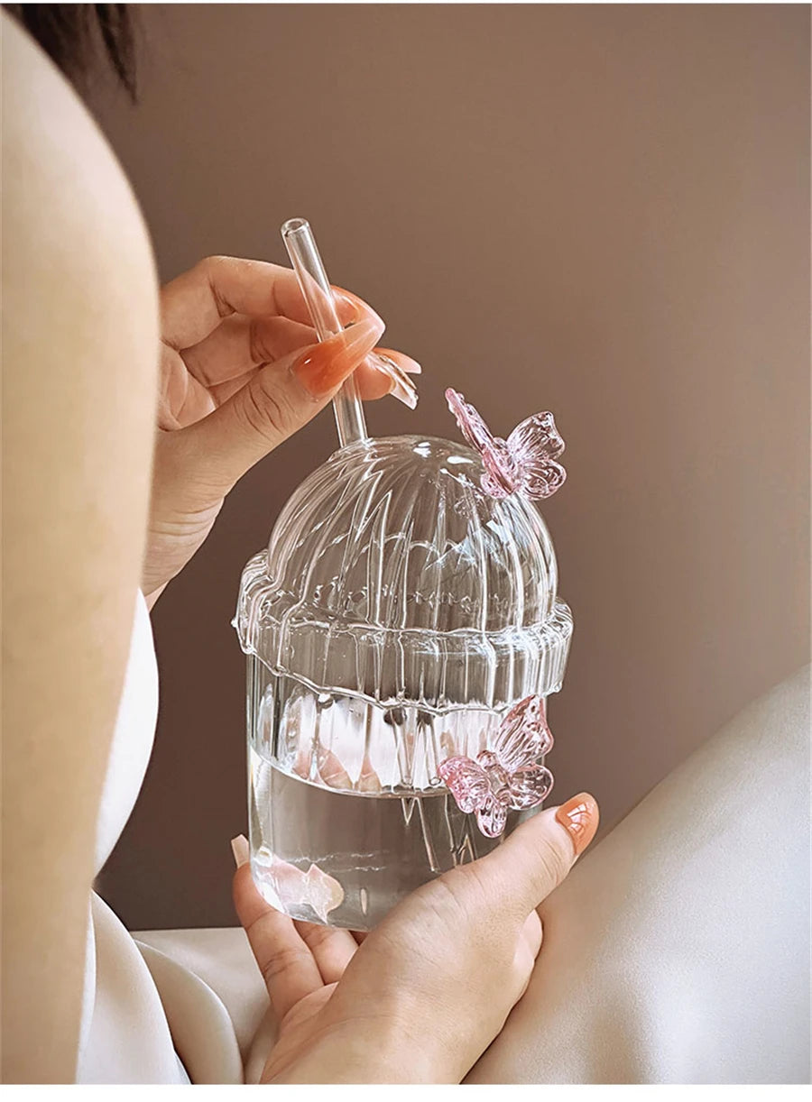 Glass Cup with Pink Butterfly