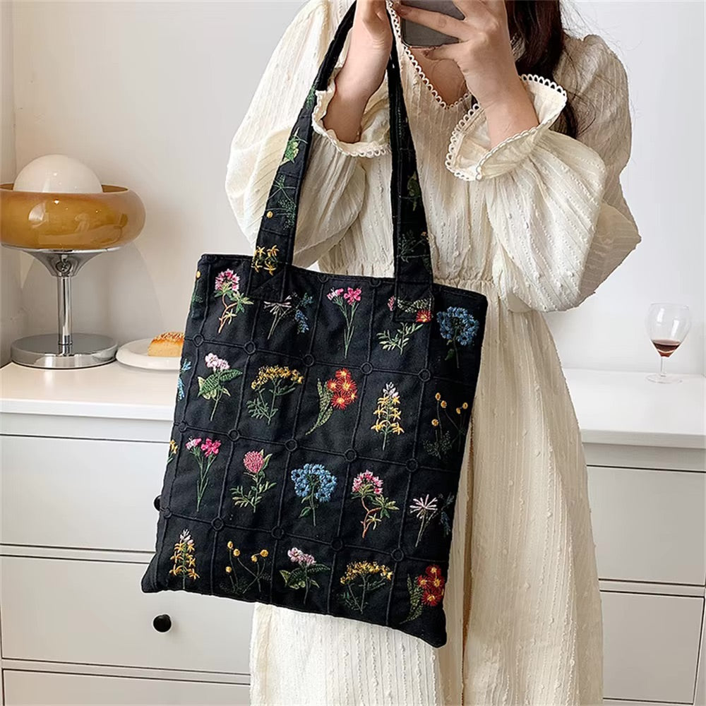 Flower Embroidered Tote Bag