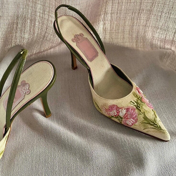 Floral Embroidered Pointed Toe Heels