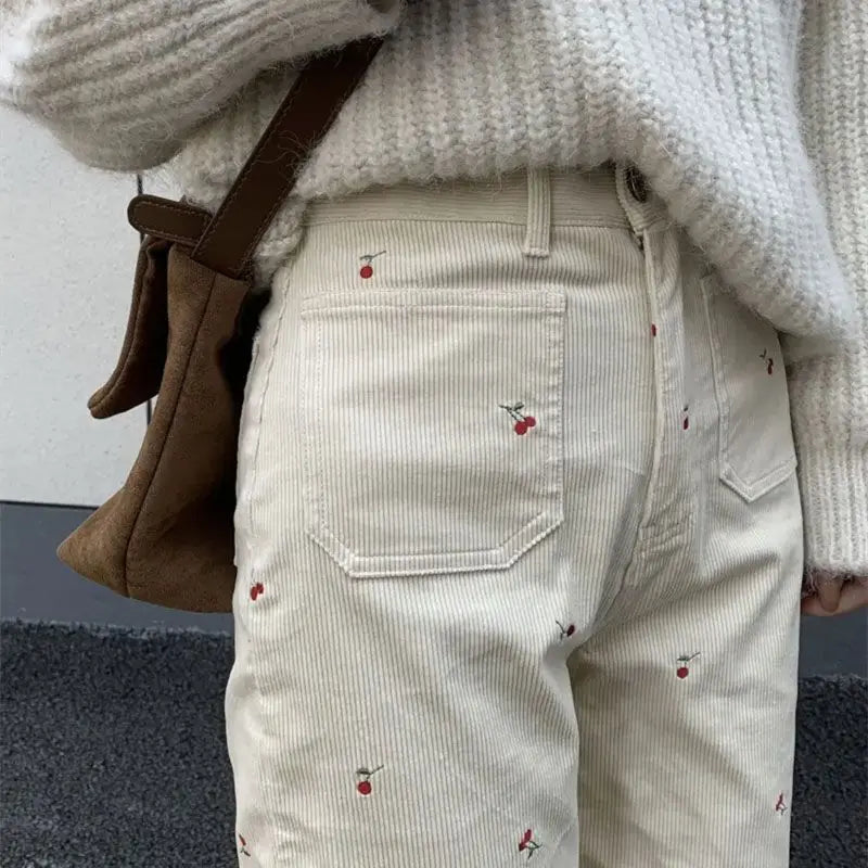 Cherry Embroidered Corduroy Pants