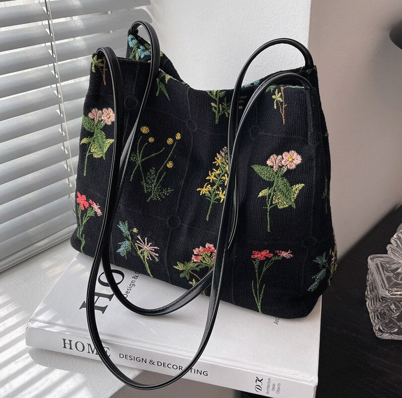 Flower Embroidered Tote Bag