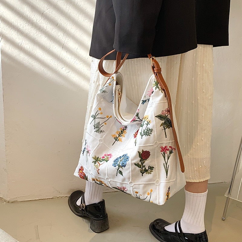 Flower Embroidered Tote Bag