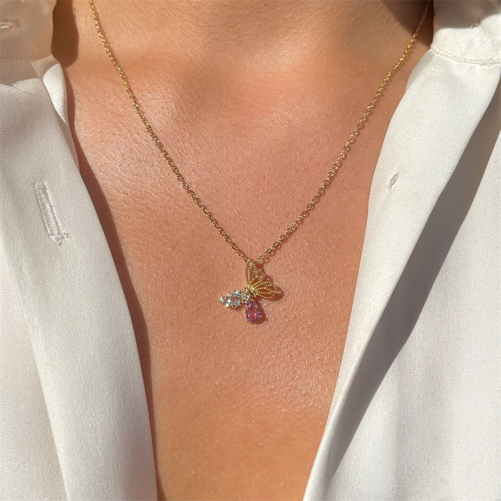 Dainty Pink Crystal Butterfly Set