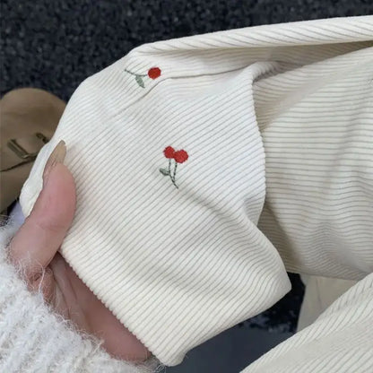 Cherry Embroidered Corduroy Pants