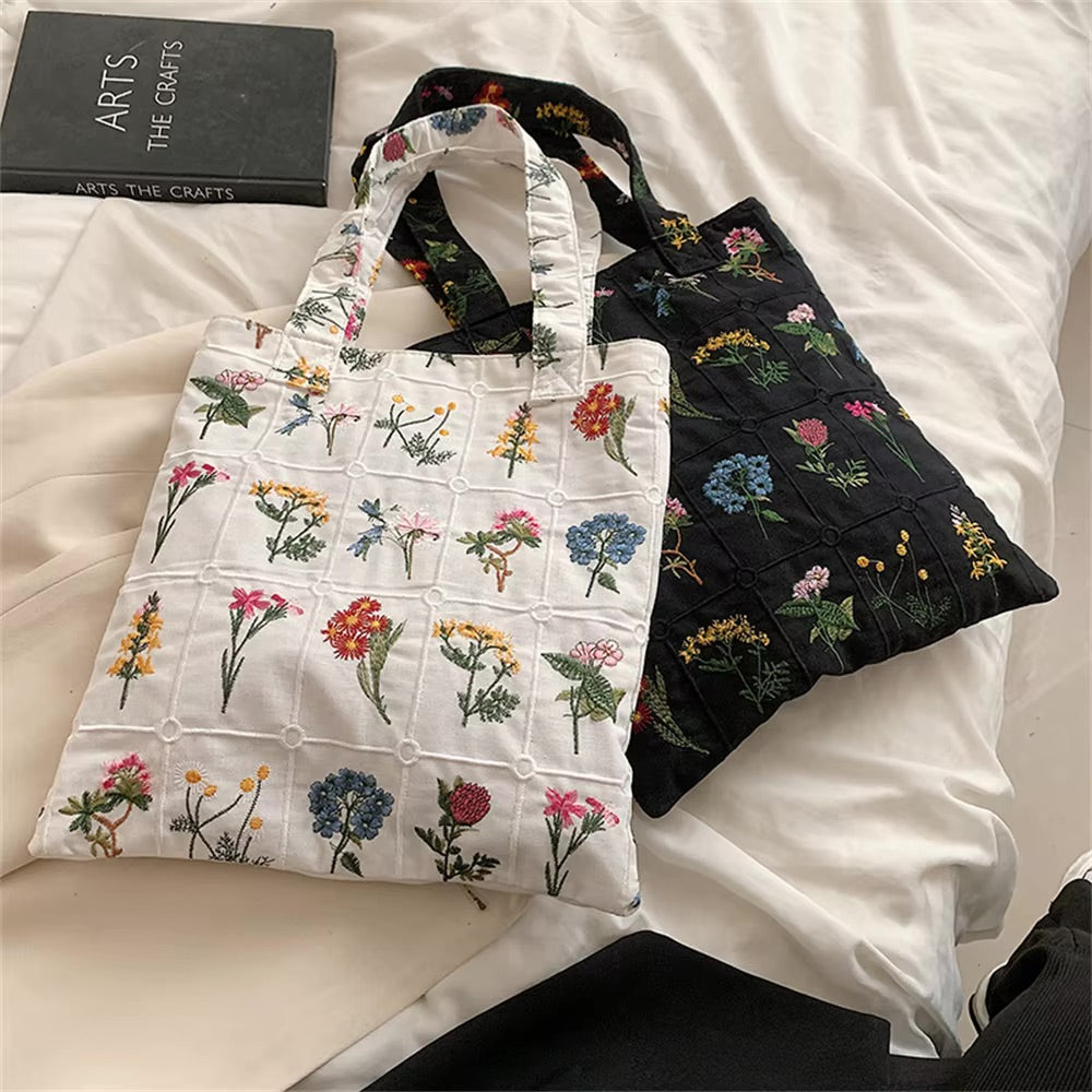 Flower Embroidered Tote Bag