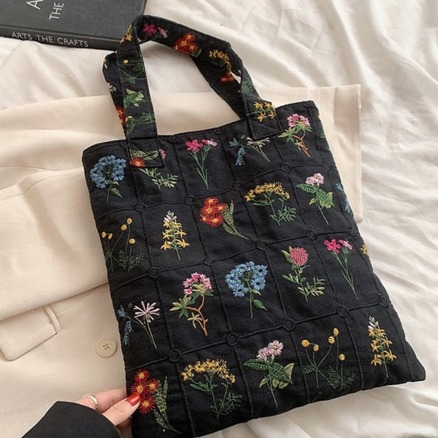 Flower Embroidered Tote Bag