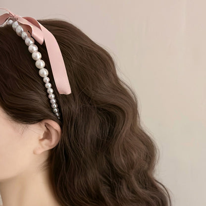 Satin Bow Ribbon and Pearl Hair Band