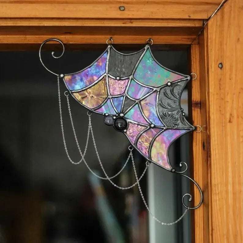 Stained Glass Spider Web Window Corner