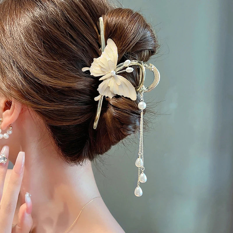 White Butterfly Tassel Hair Claw Clip