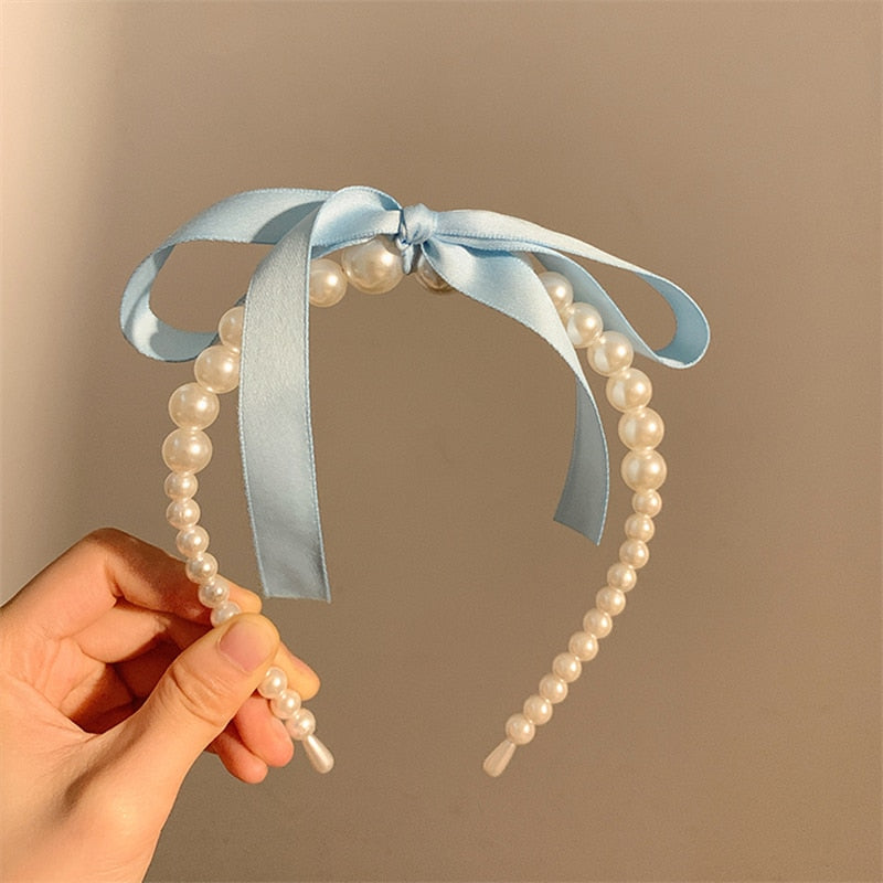 Satin Bow Ribbon and Pearl Hair Band