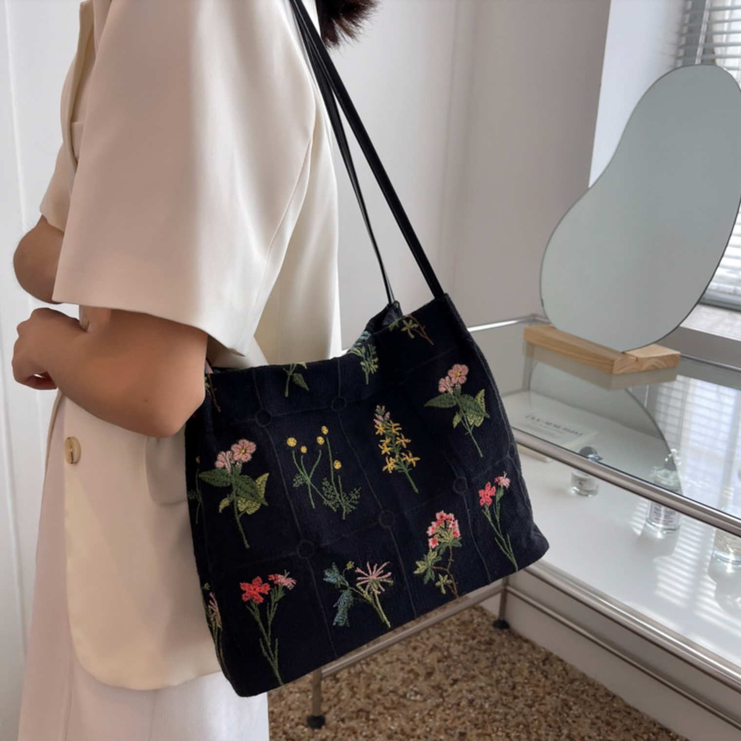 Flower Embroidered Tote Bag