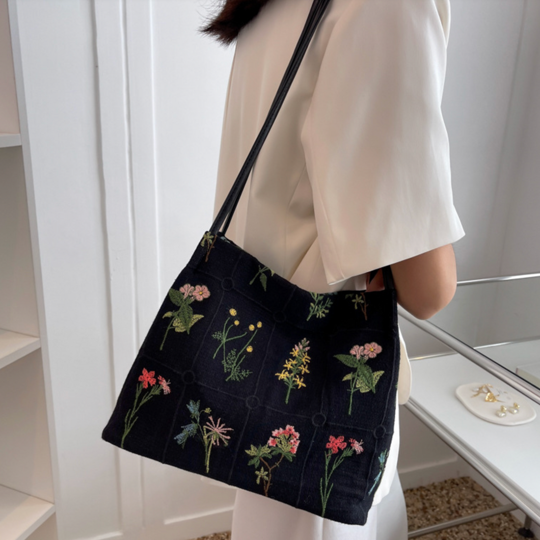 Flower Embroidered Tote Bag